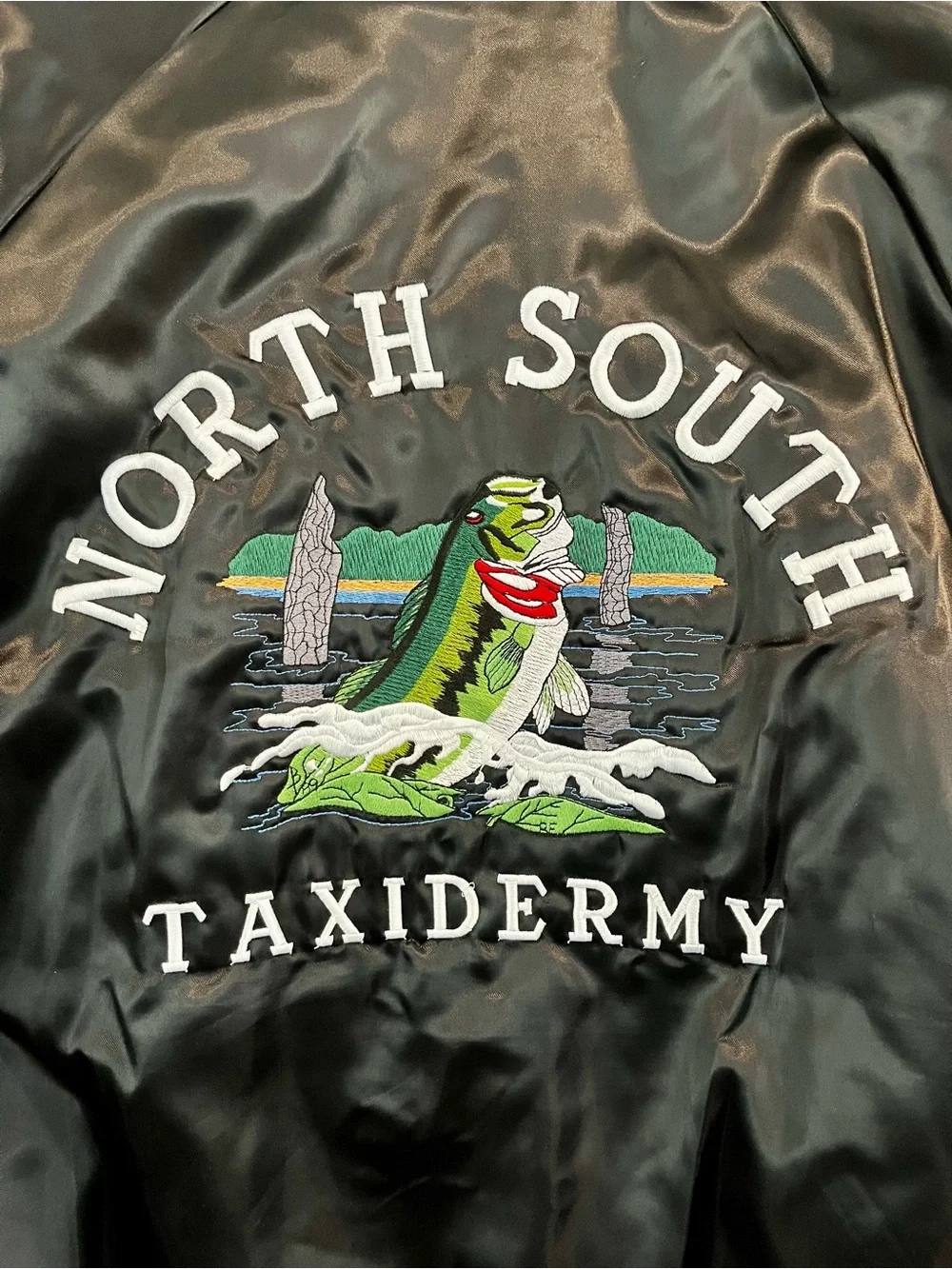 Vintage Black Satin Fly Fishing Bomber Jacket with Embroidered Logo